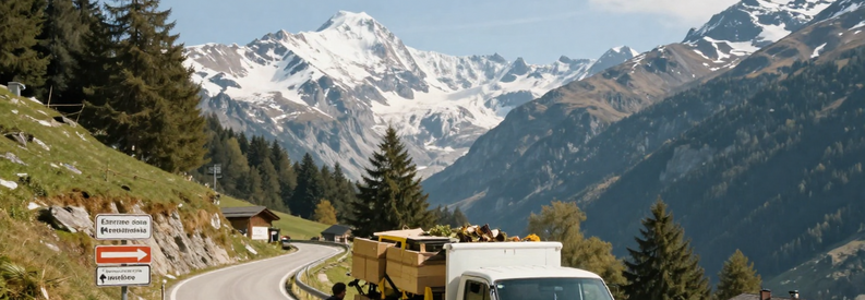 Camion déménagement négociant route montagne étroite, vallées alpines Grisons, défi logistique altitude