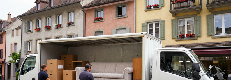 Équipe de déménageurs chargeant mobilier protégé dans camion devant immeuble bâlois, quartier Gundeldingen