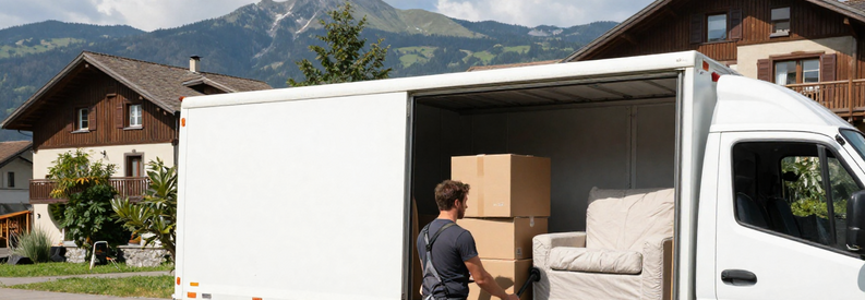Déménageurs chargeant mobilier et cartons dans camion devant immeuble Zoug, équipement professionnel visible