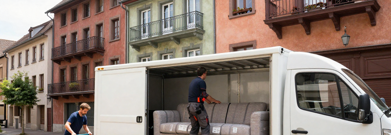 Chargement Mobilier Demenageur Bale Saint Jean Déménageurs chargeant canapé protégé dans camion devant immeuble bâlois quartier Saint-Jean