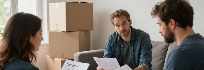 Comparaison Estimation Demenagement Jura Deux déménageurs présentant des estimations différentes à clients dans appartement jurassien, illustrant la comparaison tarifaire.