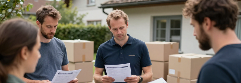 Comparaison Offres Demenageurs Appenzell Trois déménageurs présentent leurs estimations à un client pour comparer les tarifs de déménagement à Appenzell Rhodes-Extérieures.