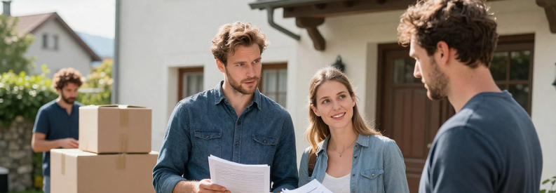 Deux déménageurs présentant estimations à couple devant immeuble Nidwald, cartons en arrière-plan.
