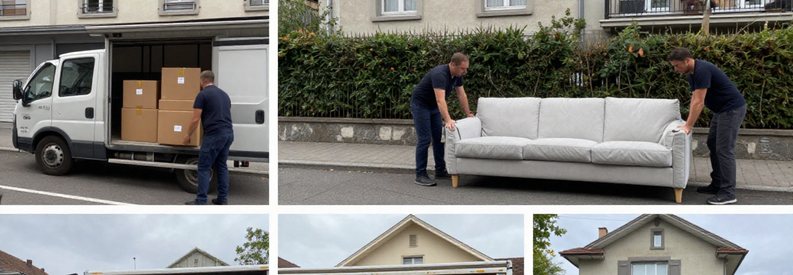 Trois scènes illustrant volumes différents de déménagement en Suisse selon taille logement et mobilier transporté