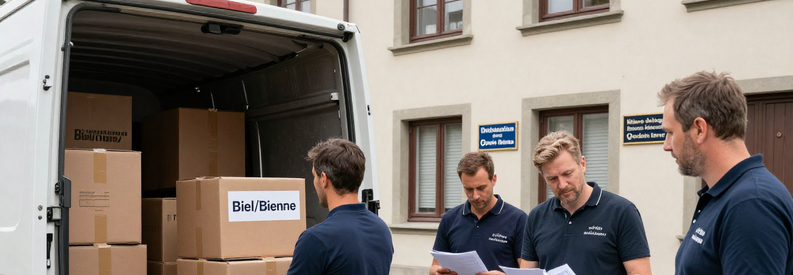 Équipe déménagement gérant transport dans région bilingue Berne, cartons et documents avec indications français-allemand