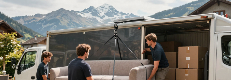 Deux déménageurs professionnels chargeant mobilier dans camion, montagnes Nidwald en arrière-plan, illustrant les services de transport inclus dans les devis.