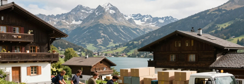 Déménageurs professionnels chargeant camion devant maison alpine nidwaldienne avec lac des Quatre-Cantons en arrière-plan, terrain montagneux.