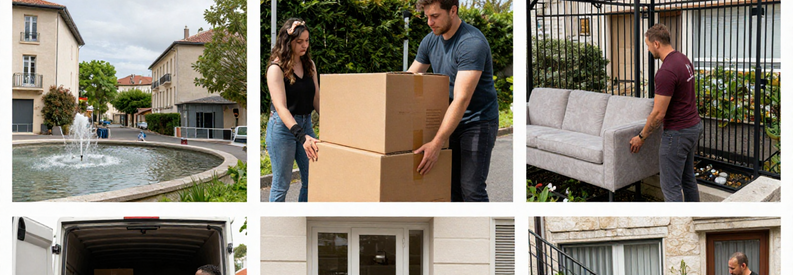Déménagement famille internationale à Genève avec équipe multiculturelle transportant mobilier dans immeuble résidentiel
