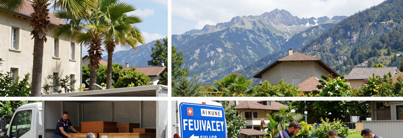 Déménagement transfrontalier entre Tessin et Italie montrant chargement, passage frontière et installation