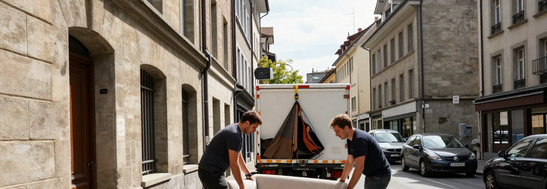 Déménageurs transportant canapé dans rue étroite Vieille-Ville Genève, immeubles anciens, accès difficile