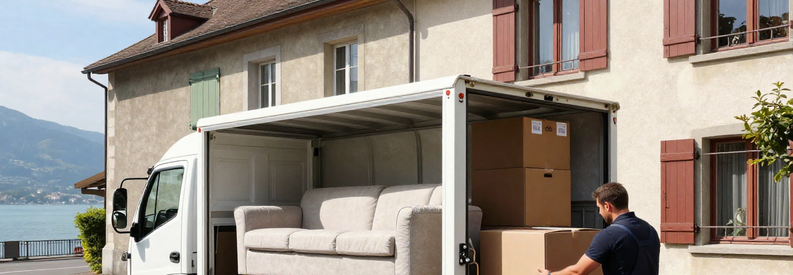 Demenageur Charge Camion Immeuble Neuchatel Déménageur chargeant mobilier dans camion devant immeuble résidentiel quartier Maladière Neuchâtel