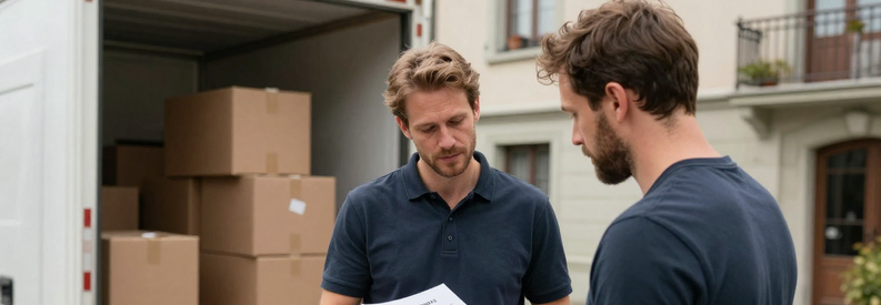 Déménageur présentant estimation détaillée à client devant immeuble, camion chargé en arrière-plan