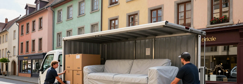 Demenageur Professionnel Fribourg Quartier Bilingue Équipe déménagement chargeant mobilier protégé devant immeuble fribourgeois typique rue Vieille Ville