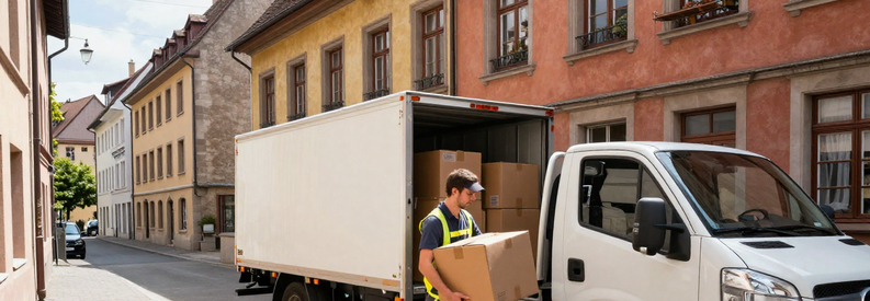 Déménageur déchargeant cartons dans ruelle pavée du centre historique de Bâle, immeuble ancien en arrière-plan
