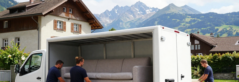 Équipe de déménagement chargeant mobilier protégé dans camion à Saint-Gall, montagnes en arrière-plan