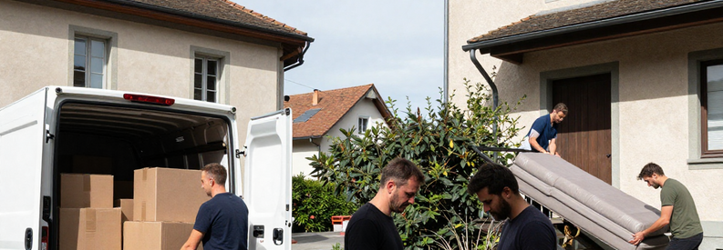 Équipe déménagement Saint-Gall avec client, communication interculturelle et chargement professionnel camion