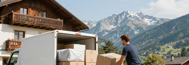 Demenageur Valais Chargement Camion Vallee Rhone Déménageur chargeant camion devant immeuble valaisan avec montagnes alpines en arrière-plan, vallée du Rhône