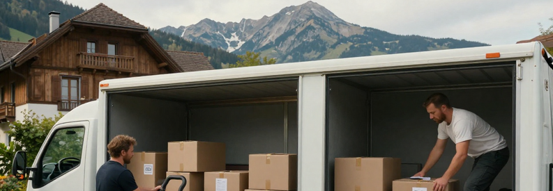 Demenageurs Charge Camion Appenzell Rhodes Deux déménageurs professionnels chargent un camion devant un immeuble d'Appenzell Rhodes-Extérieures, illustrant les services de transport du réseau Swidem.