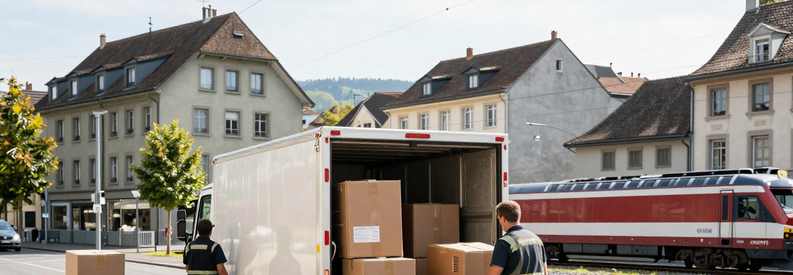 Demenageurs Chargement Camion Olten Soleure Équipe déménagement chargeant camion devant immeuble Olten, nœud ferroviaire suisse visible arrière-plan