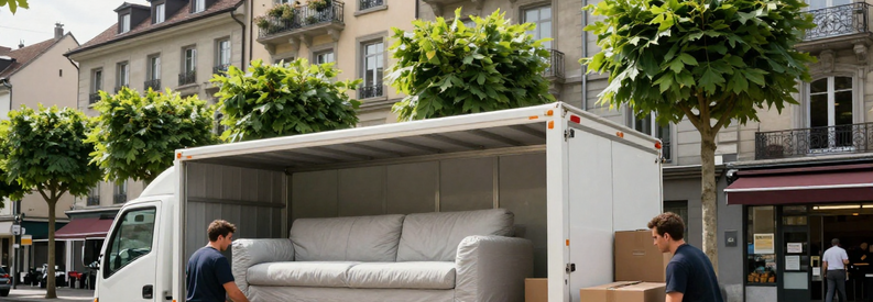 Équipe de déménageurs chargeant mobilier protégé dans camion, rue typique de Genève avec immeubles résidentiels