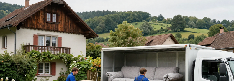 Professionnels chargeant mobilier dans camion devant maison résidentielle typique de Bâle-Campagne avec jardin