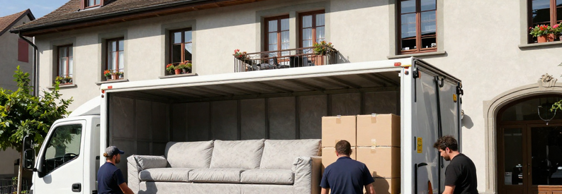 Déménageurs chargeant camion devant immeuble résidentiel typique Bâle-Campagne avec mobilier protégé