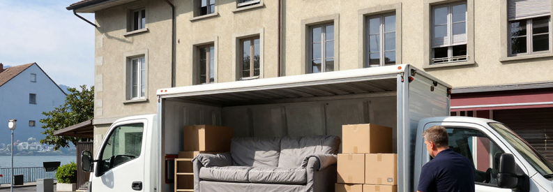 Déménageurs chargeant mobilier protégé dans camion devant immeuble lausannois, équipe professionnelle en action