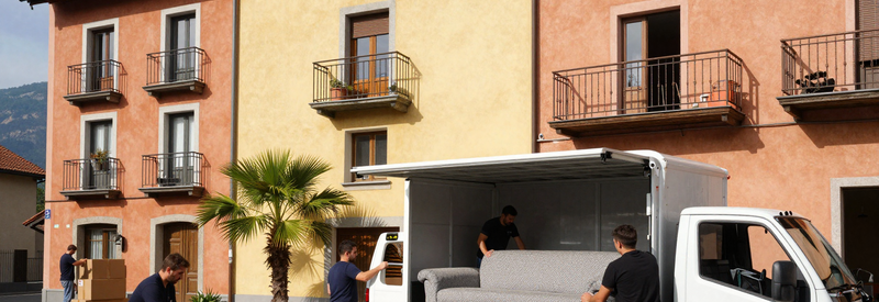 Déménageurs chargeant camion devant immeuble typique Tessin avec architecture méditerranéenne et palmiers