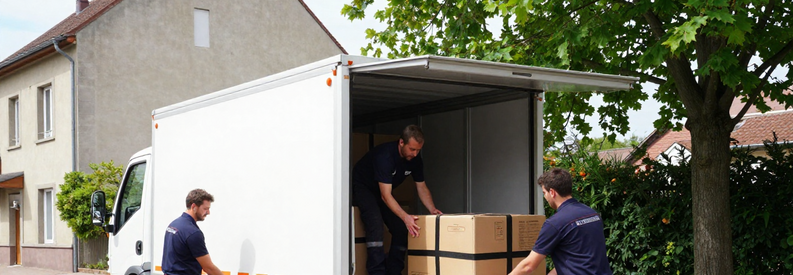 Equipe Demenageurs Chargement Camion Thurgovie Déménageurs chargeant camion devant immeuble résidentiel Thurgovie, prestation efficace tarif modéré canton