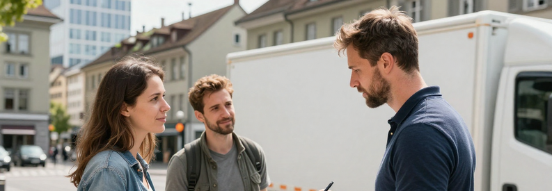 Déménageur discutant tarifs avec couple devant immeuble zurichois, camion en arrière-plan