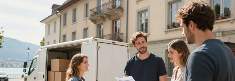 Déménageur présentant estimation à clients devant immeuble lausannois, camion chargé en arrière-plan