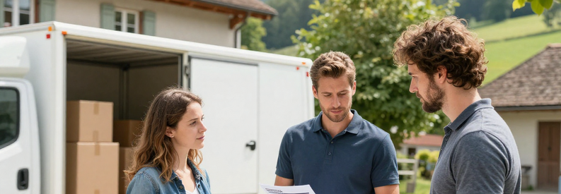 Estimation Demenageur Argovie Couple Déménageur présentant estimation à couple devant immeuble argovien avec camion en arrière-plan