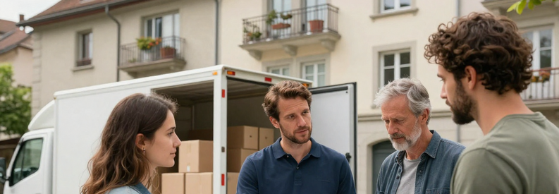 Déménageur présentant estimation à couple devant immeuble bernois, camion en arrière-plan