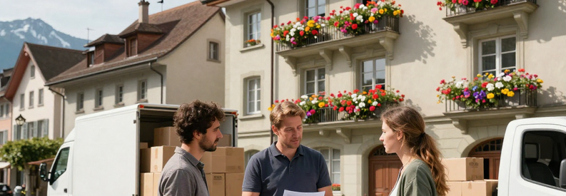 Estimation Demenageur Immeuble Lucerne Déménageur présentant estimation à clients devant immeuble lucernois typique, contexte urbain suisse alémanique