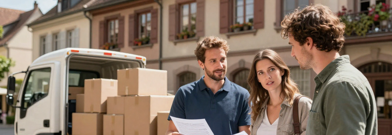 Estimation Demenageur Professionnel Bale Déménageur présentant estimation à couple devant immeuble bâlois, discussion tarifaire avant engagement service