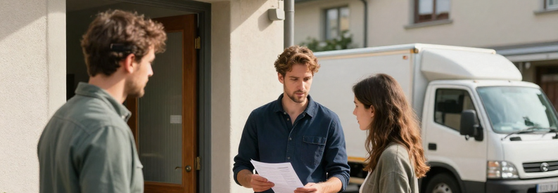 Déménageur présentant estimation détaillée à clients devant immeuble suisse, échange professionnel authentique