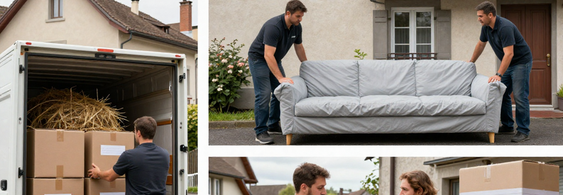 Trois étapes déménagement Neuchâtel : chargement camion, transport mobilier, présentation estimation client