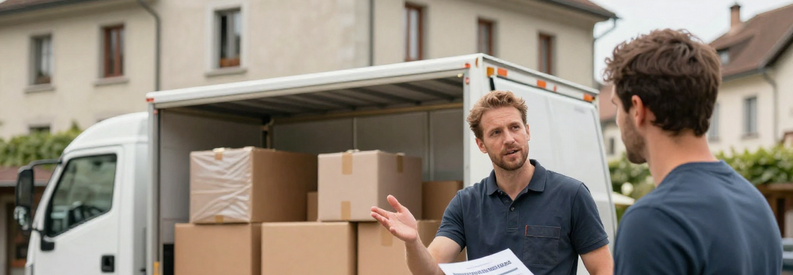 Déménageur expliquant formules de service à client devant immeuble neuchâtelois avec camion en arrière-plan