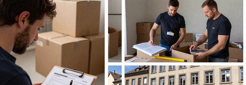 Processus Mise En Relation Demenageur Bale Trois étapes mise en relation déménageur à Bâle : formulaire client, évaluation volume, chargement camion