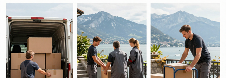Équipe déménageurs professionnels Montreux chargeant mobilier et cartons, services transport Riviera vaudoise