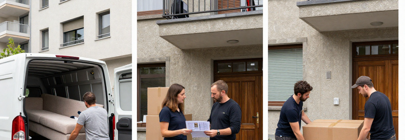 Étapes déménagement à Zoug : chargement mobilier, présentation estimation client, transport escalier immeuble