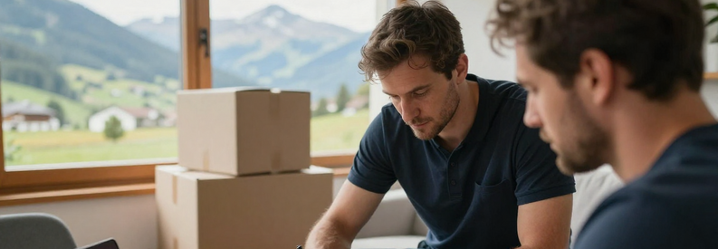 Client remplissant formulaire de demande de déménagement avec déménageur, cartons en arrière-plan, paysage montagneux obwaldien visible par la fenêtre.