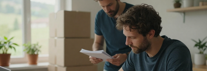 Client décrivant son projet de déménagement à Saint-Gall avec un professionnel, formulaire papier et cartons en arrière-plan.