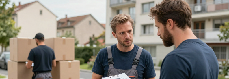 Client discutant avec deux déménageurs professionnels devant immeuble bernois, illustration de la comparaison entre prestataires à Köniz.