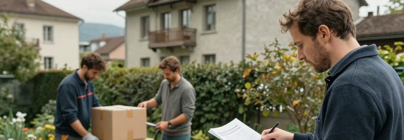 Comparaison Demenageurs Stans Client comparant des offres de déménageurs devant un appartement à Stans.