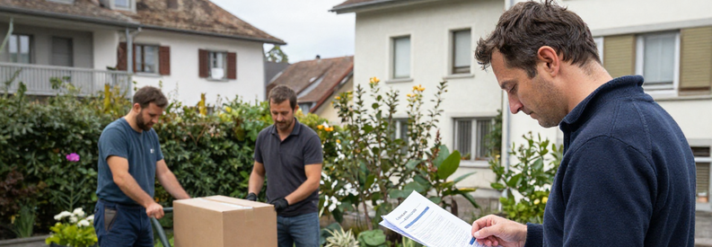 Comparaison Demenageurs Stans Client comparant des offres de déménageurs devant un appartement à Stans.