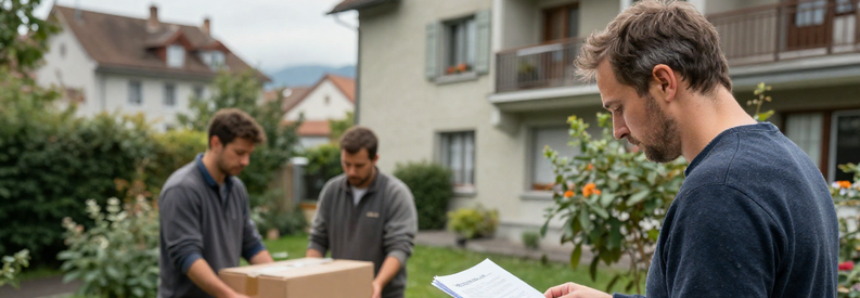 Comparaison Demenageurs Stans Client comparant des offres de déménageurs devant un appartement à Stans.