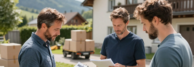 Trois déménageurs professionnels présentent leurs estimations à un client devant immeuble Obwald, illustrant la comparaison de tarifs régionaux.
