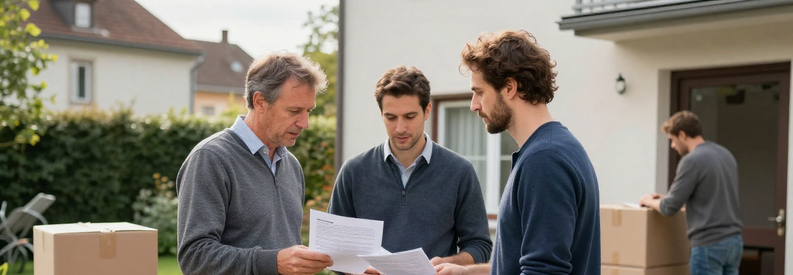 Trois déménageurs présentent des estimations différentes à un couple devant leur immeuble à Köniz, illustrant la comparaison tarifaire.