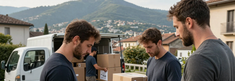 Trois déménageurs présentant estimation à client devant immeuble Lugano, équipe chargeant camion en arrière-plan